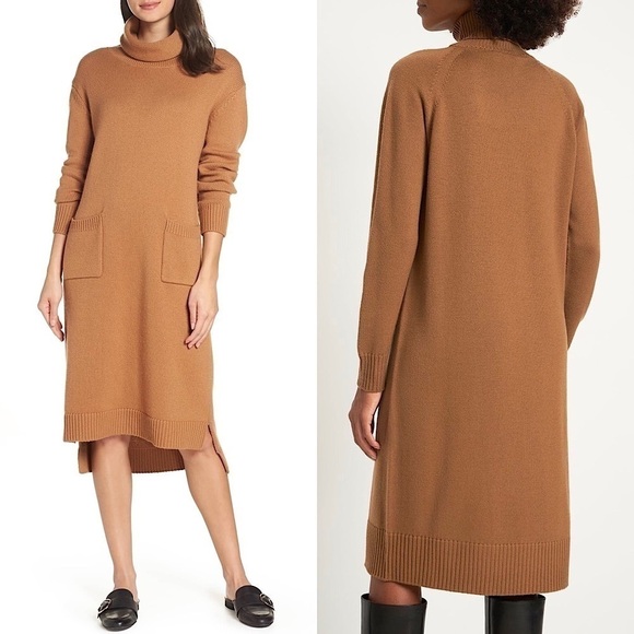 CAARA Wool Blend Ribbed Knit Trim Turtleneck Long Tunic Sweater Midi Dress S - Picture 1 of 8